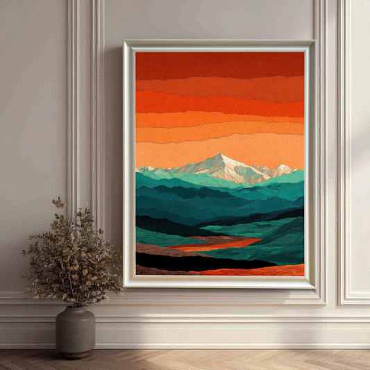 Large white framed mountain landscape art print hanging on a classic white paneled wall next to a decorative vase with dried branches.