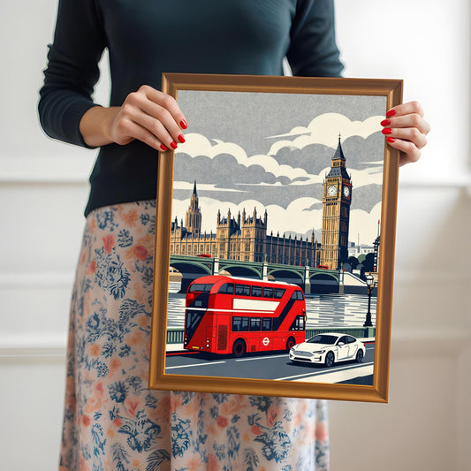 A person holding a medium-sized orange wood-framed print of a London street scene to demonstrate scale and the quality of the wood finish.