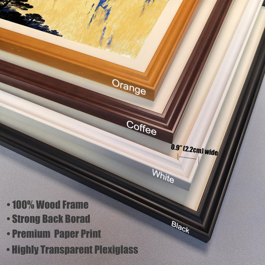 Close-up stack of four wood frame corners, showing the available frame colors and material details: Orange, Coffee, White, and Black. Text notes: 0.9" (2.2cm) wide, 100% Wood Frame, Strong Back Board, Premium Paper Print, Highly Transparent Plexiglass.