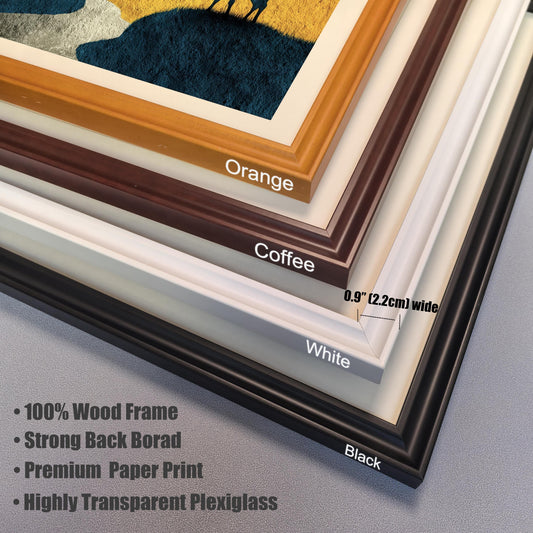 Close-up detail shot of the four available wood frame corner samples: Orange, Coffee, White, and Black. Text highlights "100% Wood Frame," "Strong Back Board," and "Highly Transparent Plexiglass."