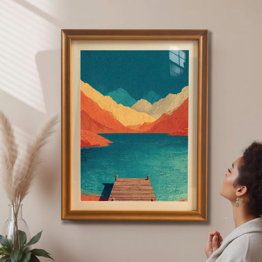 A woman admiring a large, honey-colored wood framed mountain landscape print hanging on a beige wall in a sunlit room.