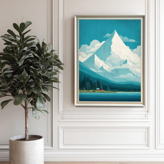 A large, white-framed mountain art print mounted on a classic white paneled wall next to a tall, leafy indoor plant in a concrete pot.