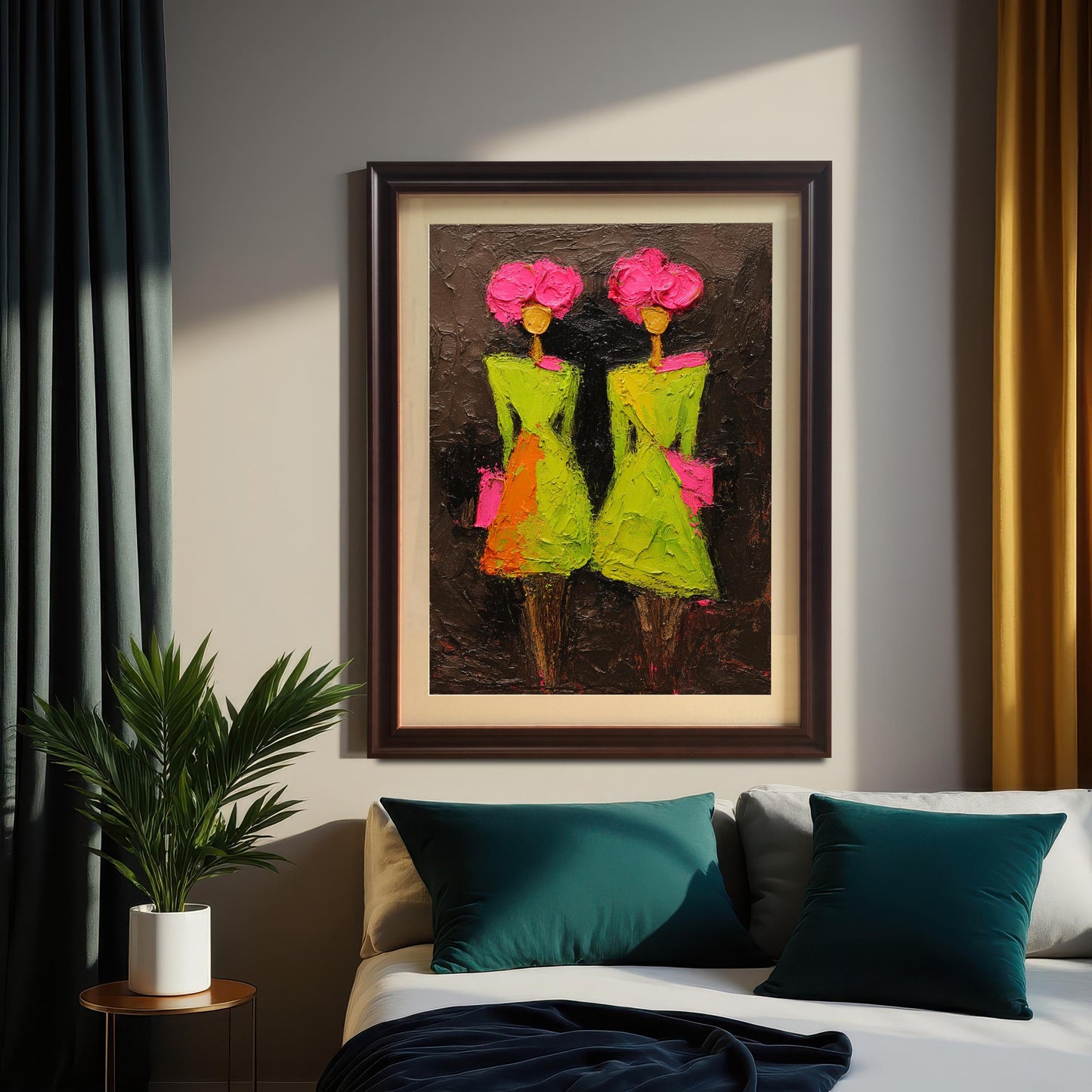 A large "Coffee" dark brown wood-framed version of the print with an off-white mount, displayed on a neutral wall in a modern bedroom setting above a bed with teal pillows and a small potted palm plant.