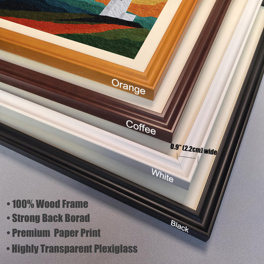 A detailed close-up showing a stack of wood frame corner samples in Orange, Coffee, White, and Black, noting a 0.9-inch (2.2cm) width and premium materials.