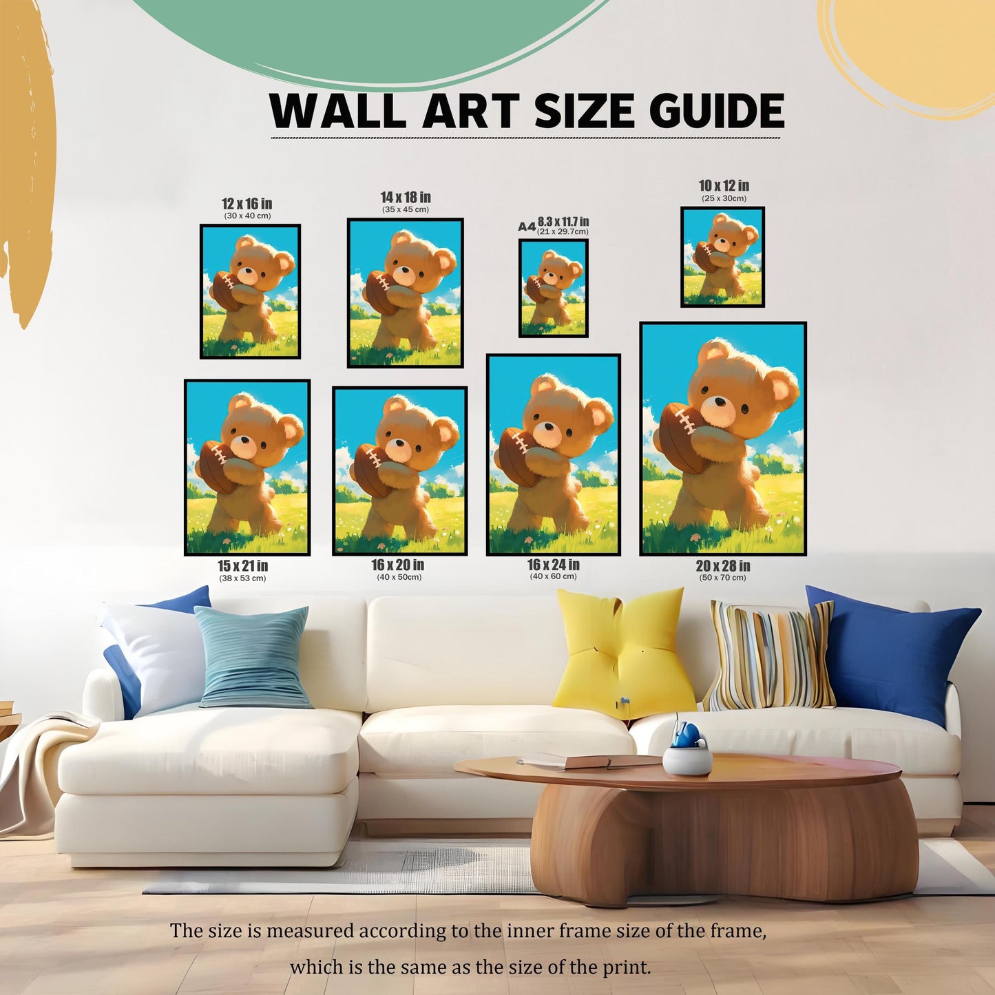 A wall art size guide displays the teddy bear print in various sizes, ranging from 8.3x11.7 inches (A4) to 20x28 inches. The prints are arranged over a white couch with blue and yellow pillows to demonstrate scale.