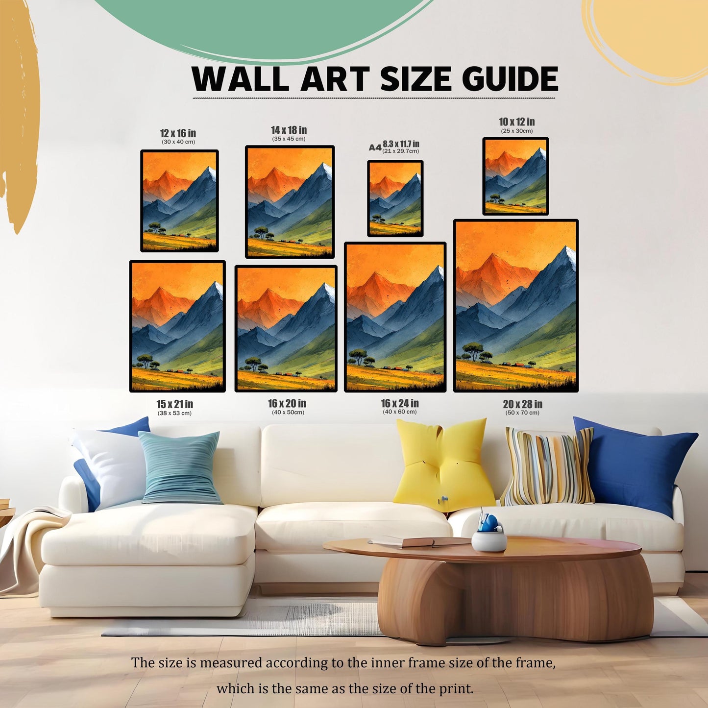 A wall art size guide showing eight different print dimensions, ranging from inches to inches, displayed above a modern white sofa to help visualize scale.