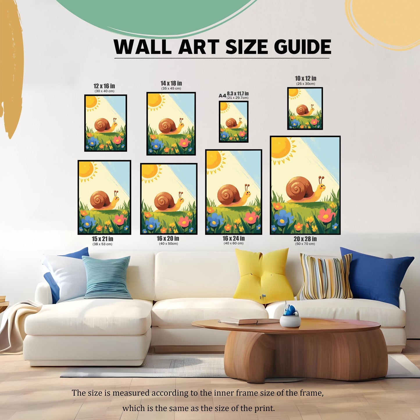 A **wall art size guide** featuring the snail print in various sizes (10x12, 12x16, 14x18, 15x21, 16x20, 16x24, 20x28, and A4). The image shows the different sizes arranged on a living room wall above a white sofa.