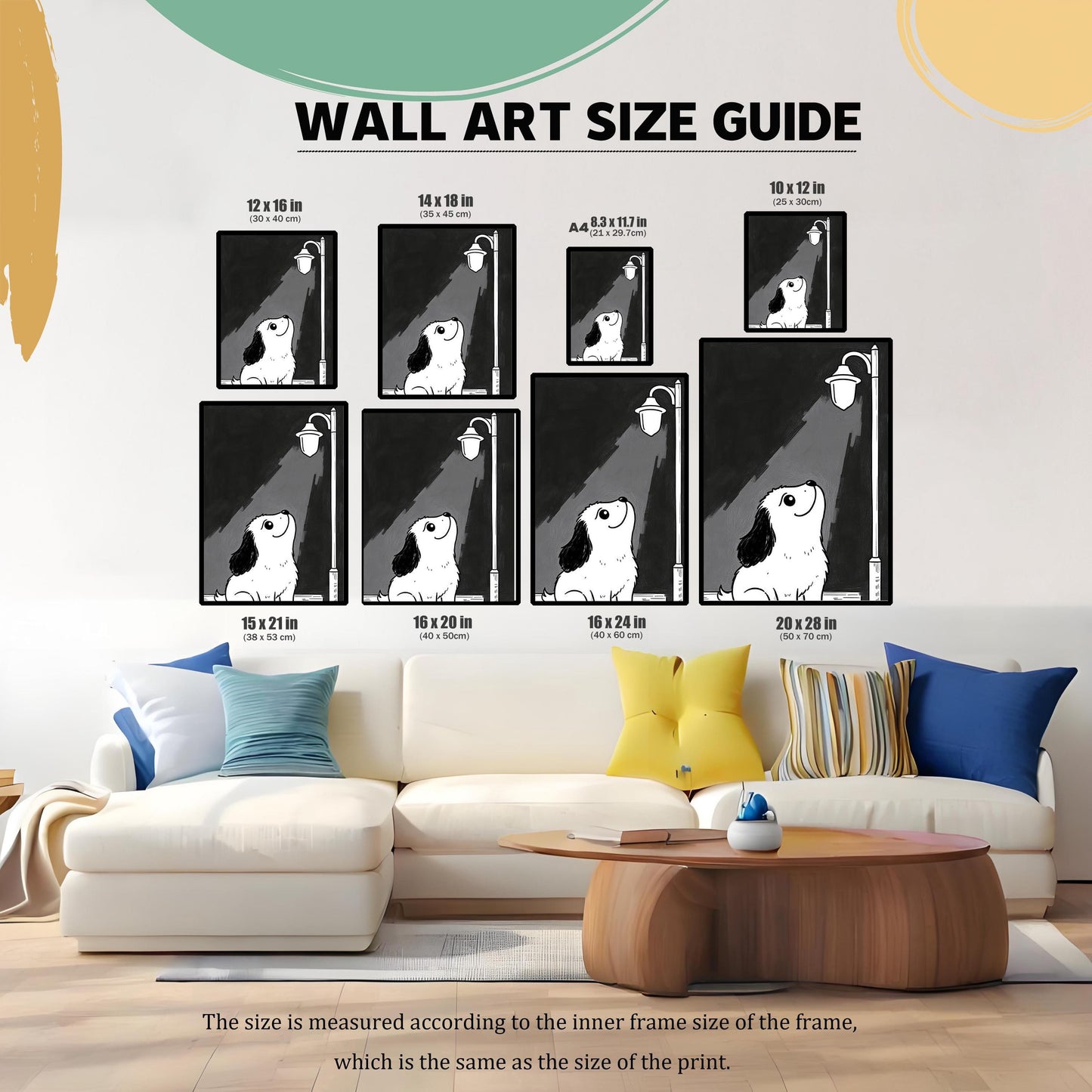A size guide showing various sizes of the puppy art, from 8.3x11.7 in to 20x28 in, hanging above a white sofa.