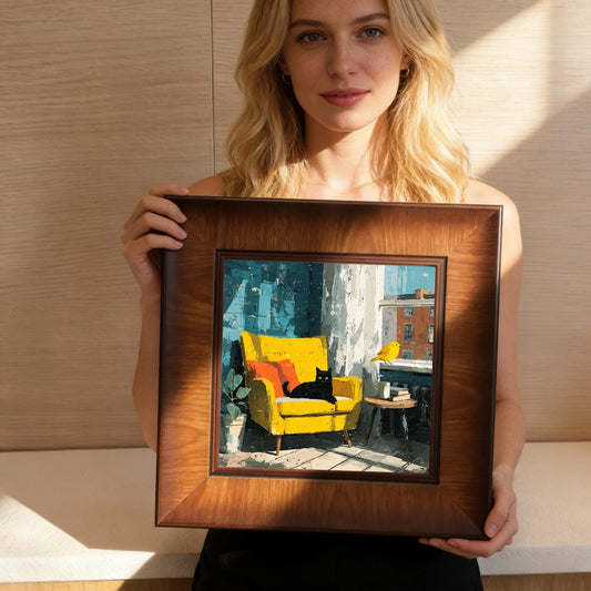 A woman holding a square dark wood framed art print featuring a black cat sitting on a bright yellow armchair.