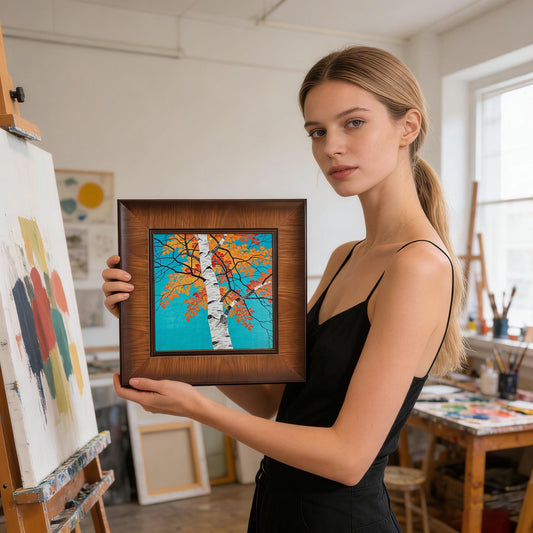 A woman in an art studio holding the square wood-framed birch tree print, providing a clear sense of scale and showing the artwork in a creative professional environment.