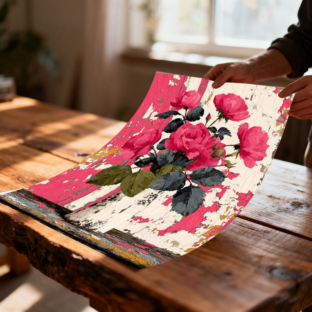 A close-up view of a person's hands holding up an unframed canvas art print of pink roses in a vase on a rustic wooden table, showcasing the distressed texture and color.