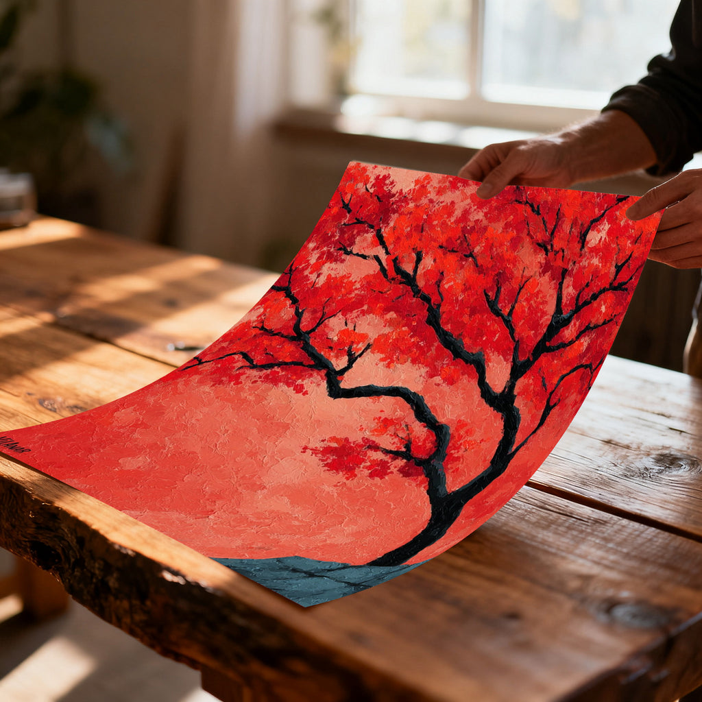 A close-up view of a person's hands holding up an unframed canvas art print of a fiery red tree on a textured wooden table, showing the painting's rich texture and color.