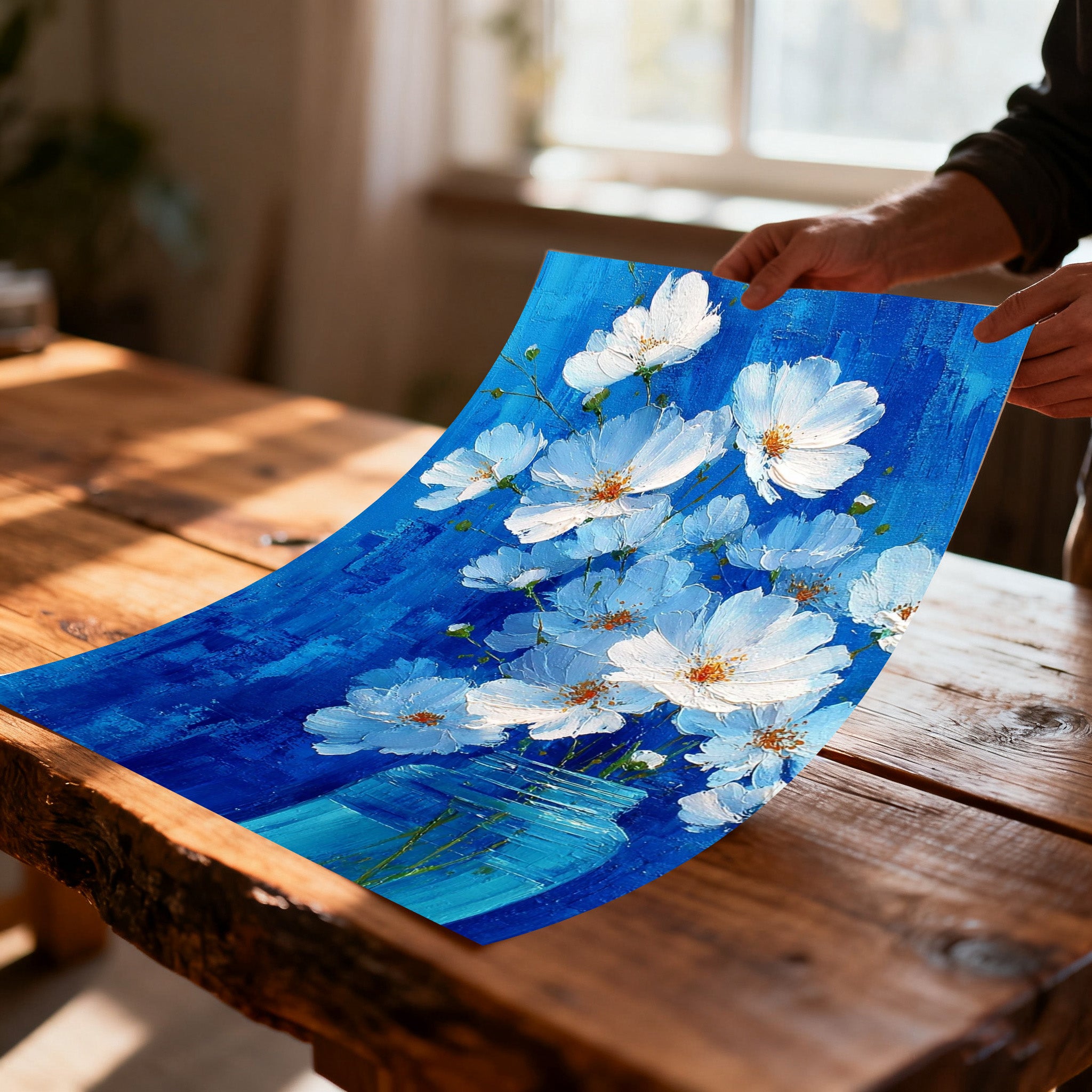 A close-up view of a person's hands holding up an unframed canvas art print of white flowers in a blue jar on a rustic wooden table, showcasing the rich blue color and impasto texture.