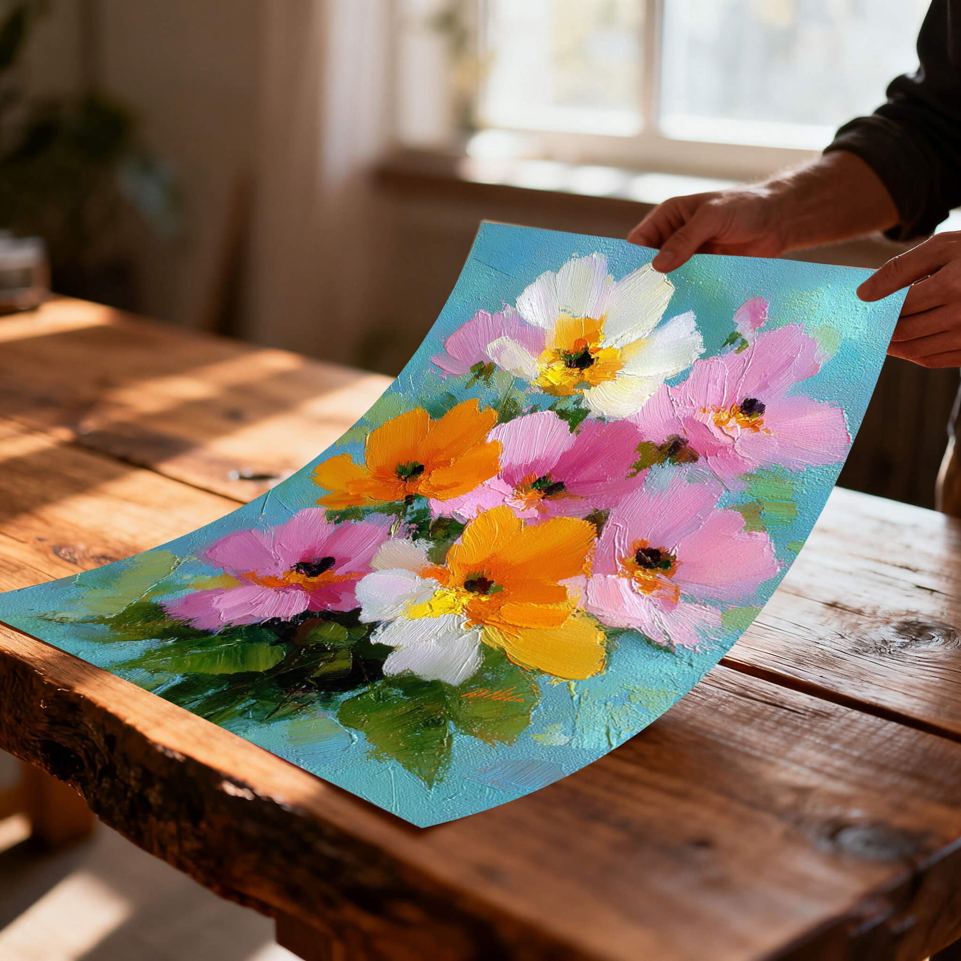 A person's hands holding up an unframed canvas print of the floral painting over a rustic wooden table in a sunlit workshop.
