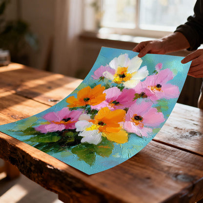 A person's hands holding up an unframed canvas print of the floral painting over a rustic wooden table in a sunlit workshop.
