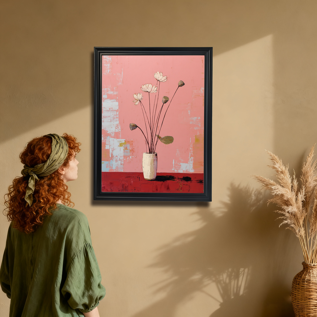 A young woman with red, curly hair and a green headband stands in an earth-toned room looking up at a vertical, black-framed painting of white lotus flowers on a pink and red background hanging on the wall. A woven vase with dried grasses is on the right.
