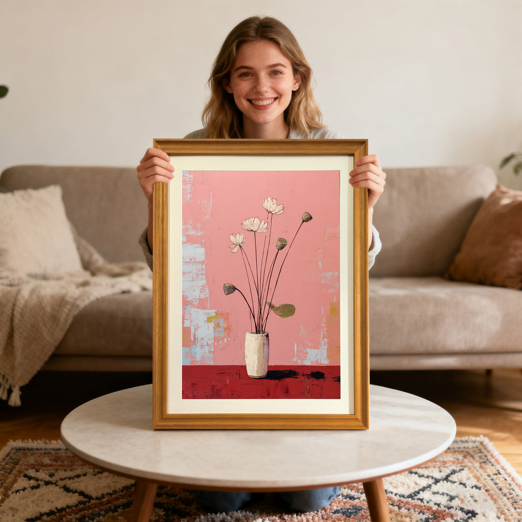 A smiling young woman sitting on the floor behind a coffee table holds up a gold-framed painting of white lotus flowers in a white vase against a pink and red background.
