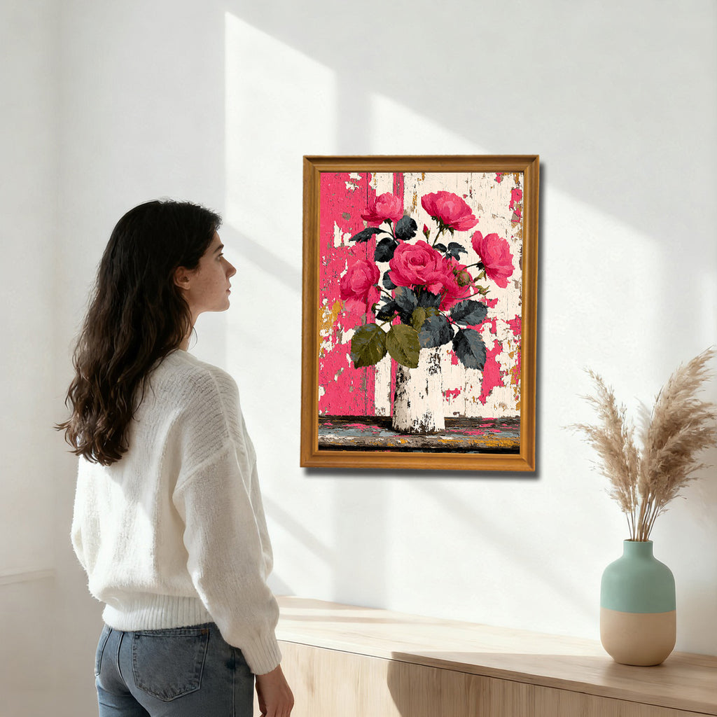 A woman in a white sweater stands in a bright, modern room looking at a gold-framed painting of pink roses in a vase against a distressed pink and white background, mounted above a light wood console table.