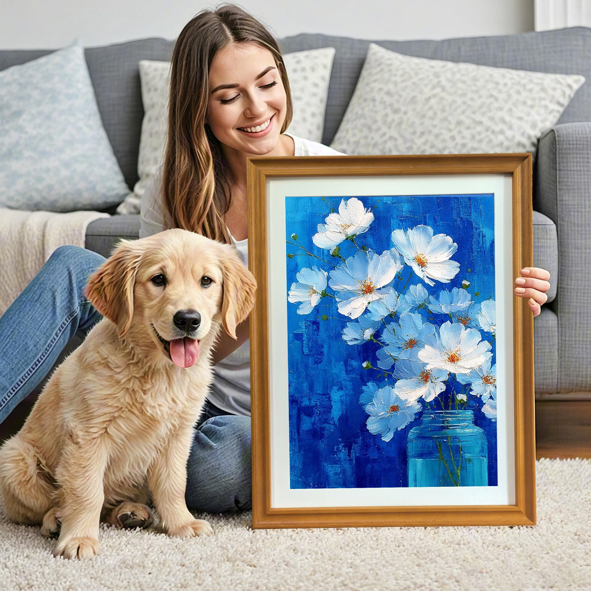 A smiling woman sits on a shag rug next to a golden retriever puppy, holding a gold-framed painting of white flowers in a blue jar against a vivid blue background. A gray sofa is visible behind them.