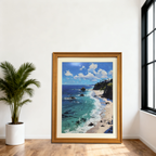 A framed wall art print leans on the white wall.