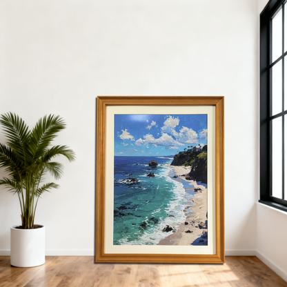 A framed wall art print leans on the white wall.