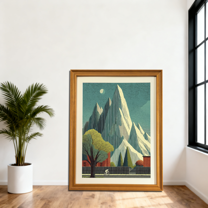 Large, natural wood-framed art print with a minimalist mountain and cyclist design, leaning on a wooden floor against a white wall in a corner with a large black window and a potted palm.