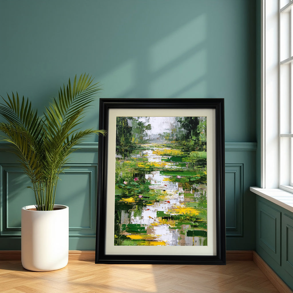 Abstract oil painting of a lily pond with vibrant green and yellow, in a chunky black frame with a mat, leaning against a dark teal paneled wall next to a large potted plant and a window.