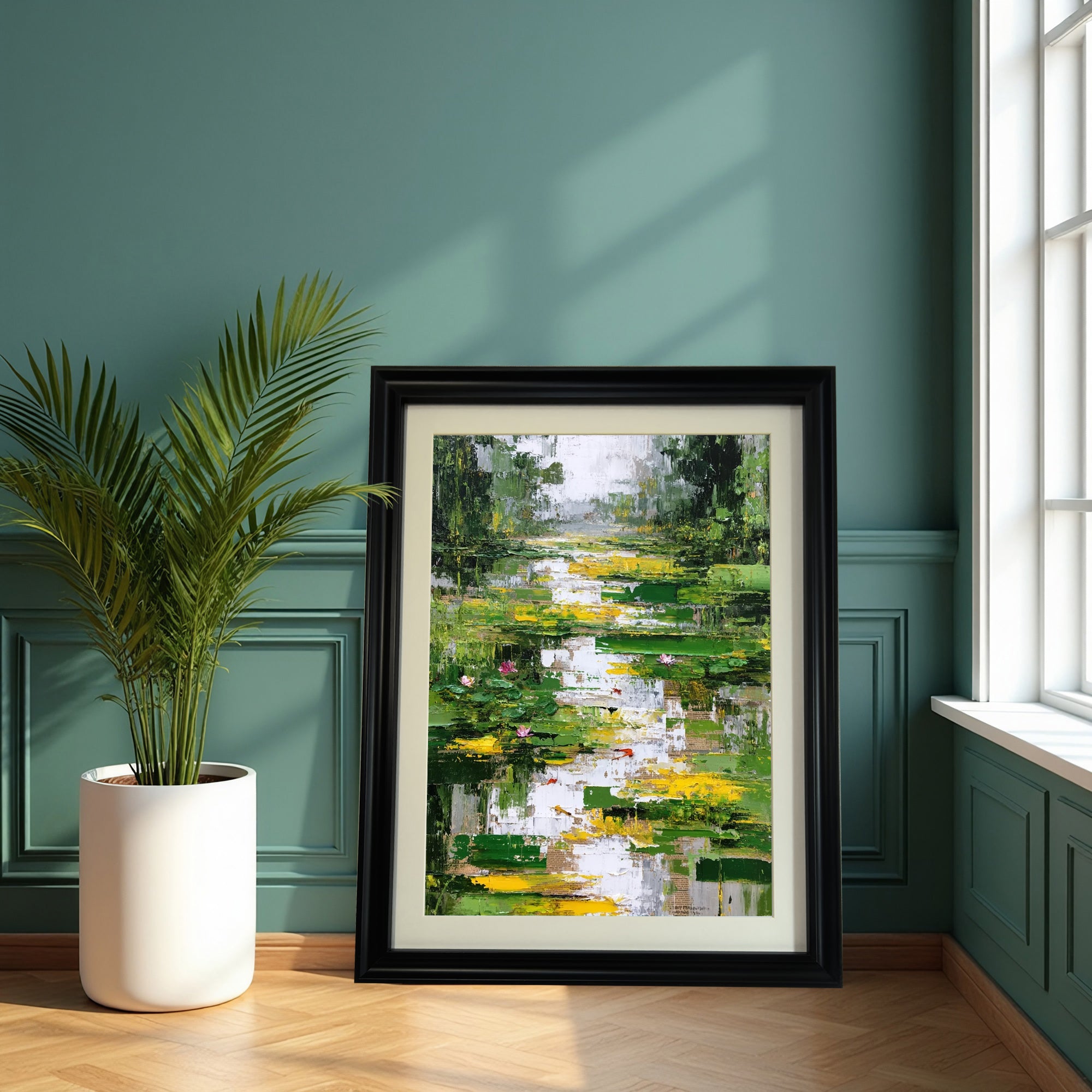 Abstract oil painting of a lily pond with vibrant green and yellow, in a chunky black frame with a mat, leaning against a dark teal paneled wall next to a large potted plant and a window.