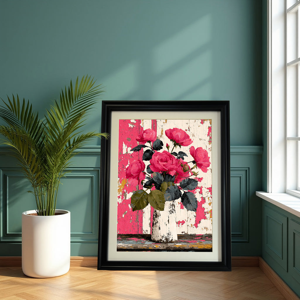 A large, black-framed painting of pink roses in a vase against a distressed background is leaning on a hardwood floor against a dark teal green paneled wall, beside a large potted palm plant in a white container.