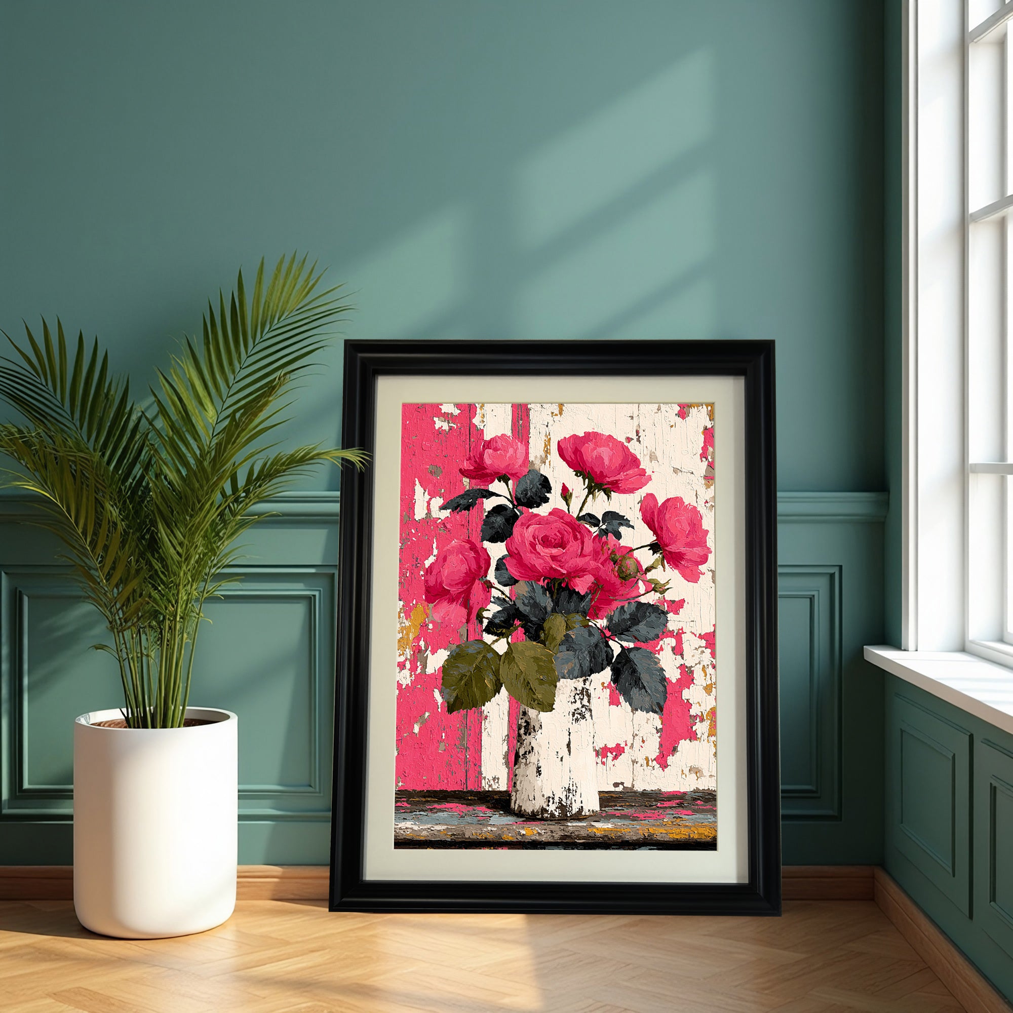 A large, black-framed painting of pink roses in a vase against a distressed background is leaning on a hardwood floor against a dark teal green paneled wall, beside a large potted palm plant in a white container.
