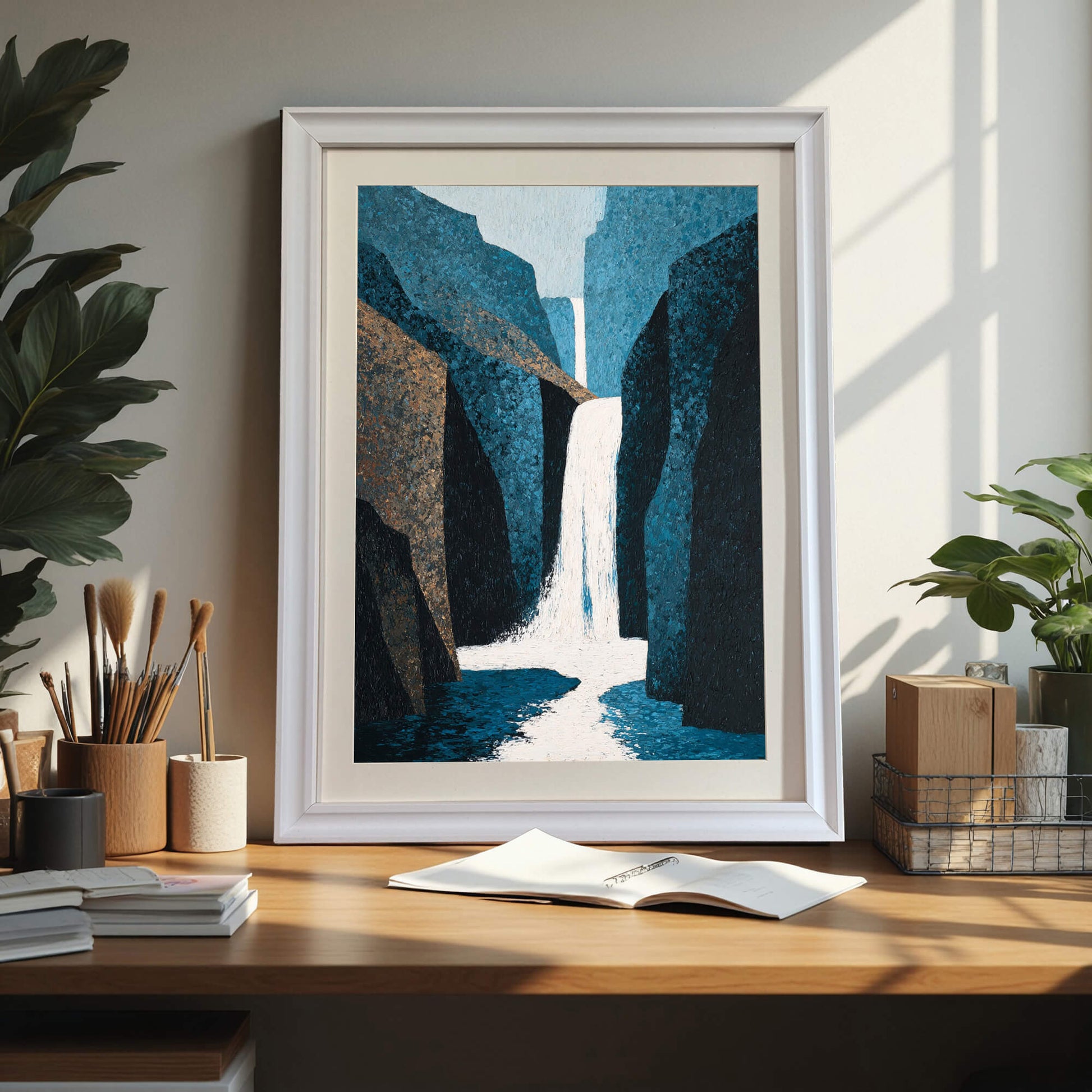 Abstract waterfall art print in a white wood frame sitting on a wood desk next to art supplies and houseplants, showcasing a bright home office or studio setting.