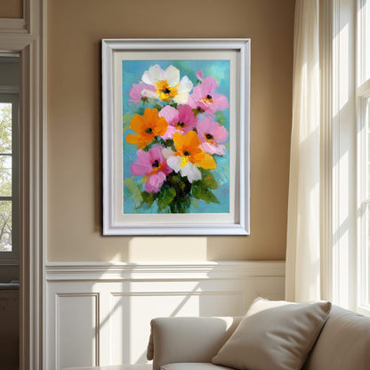 A framed oil painting of a colorful floral bouquet hanging on a beige wall above a cream-colored sofa in a sunlit room with classic white wall molding.
