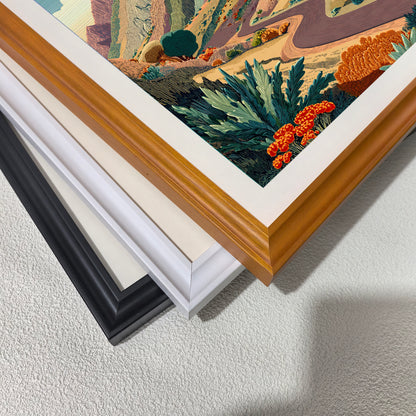 Close-up corner detail of the art print showing three stacked frame options: , white, orange, and black.