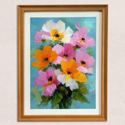 A centered, straight-on shot of the floral oil painting featuring thick impasto brushwork, housed in a light wood-toned frame with a white mat.