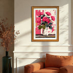 A vertical, gold-framed painting of pink roses against a distressed pink/white background is hanging on a beige wall with white wainscoting, positioned above an orange chair. Strong sunlight casts a shadow on the wall.