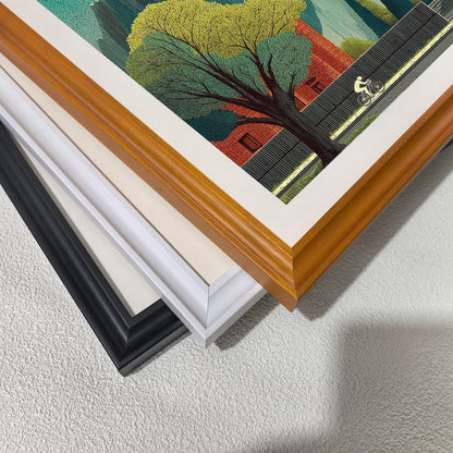 Close-up corner detail of the art print showing three stacked frame options: , white, orange, and black.