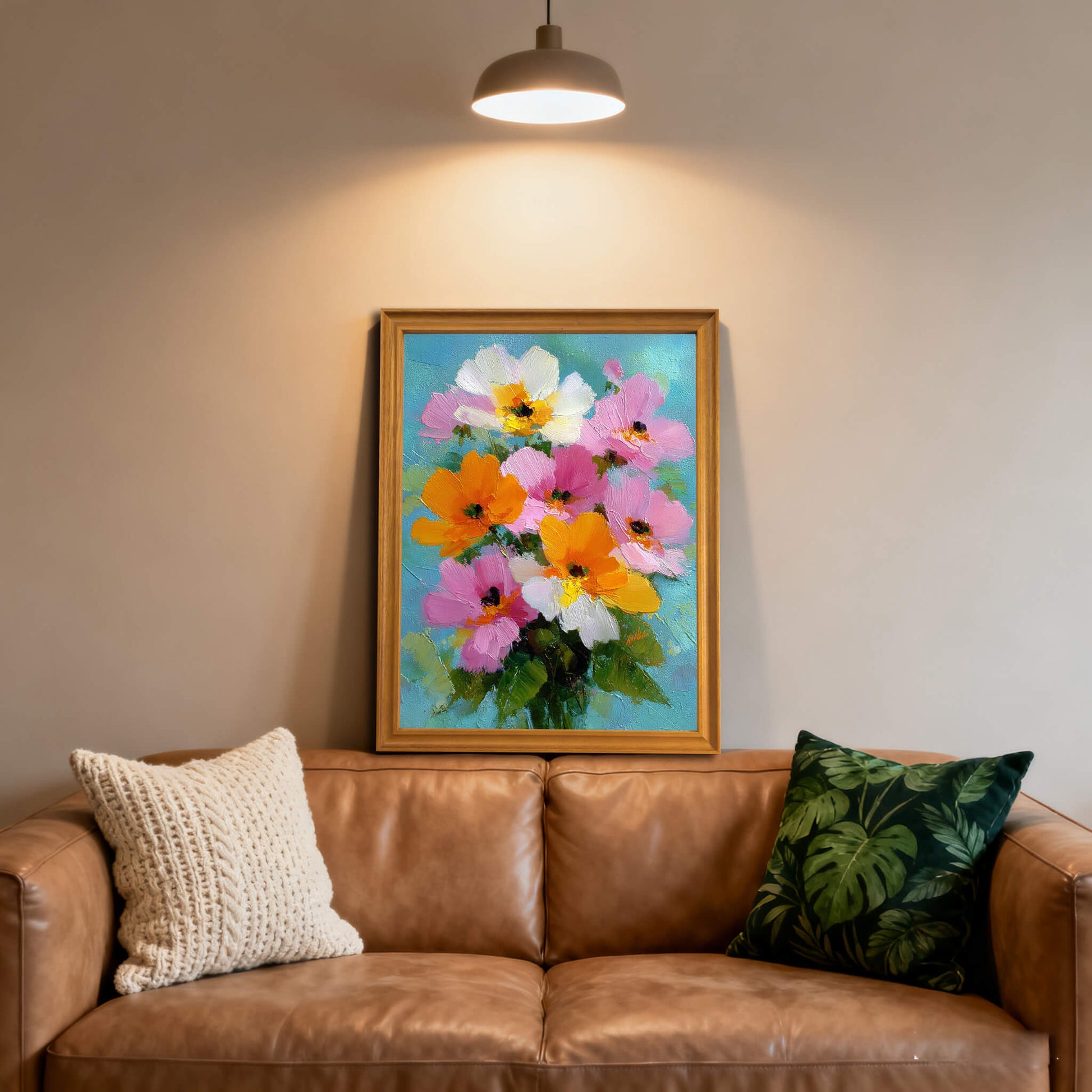 The floral painting in a wooden frame sitting on a brown leather couch under a warm spotlight, flanked by a white knit pillow and a green botanical print pillow.