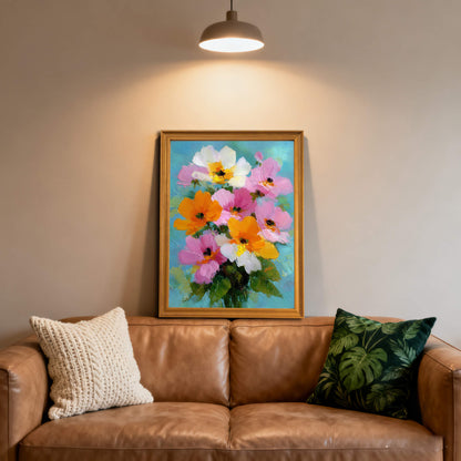 The floral painting in a wooden frame sitting on a brown leather couch under a warm spotlight, flanked by a white knit pillow and a green botanical print pillow.