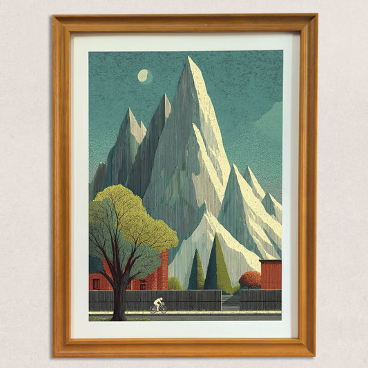 Close-up shot of the mountain and cyclist art print framed in natural wood, against a textured neutral wall. The artwork has a vintage, graphic style.