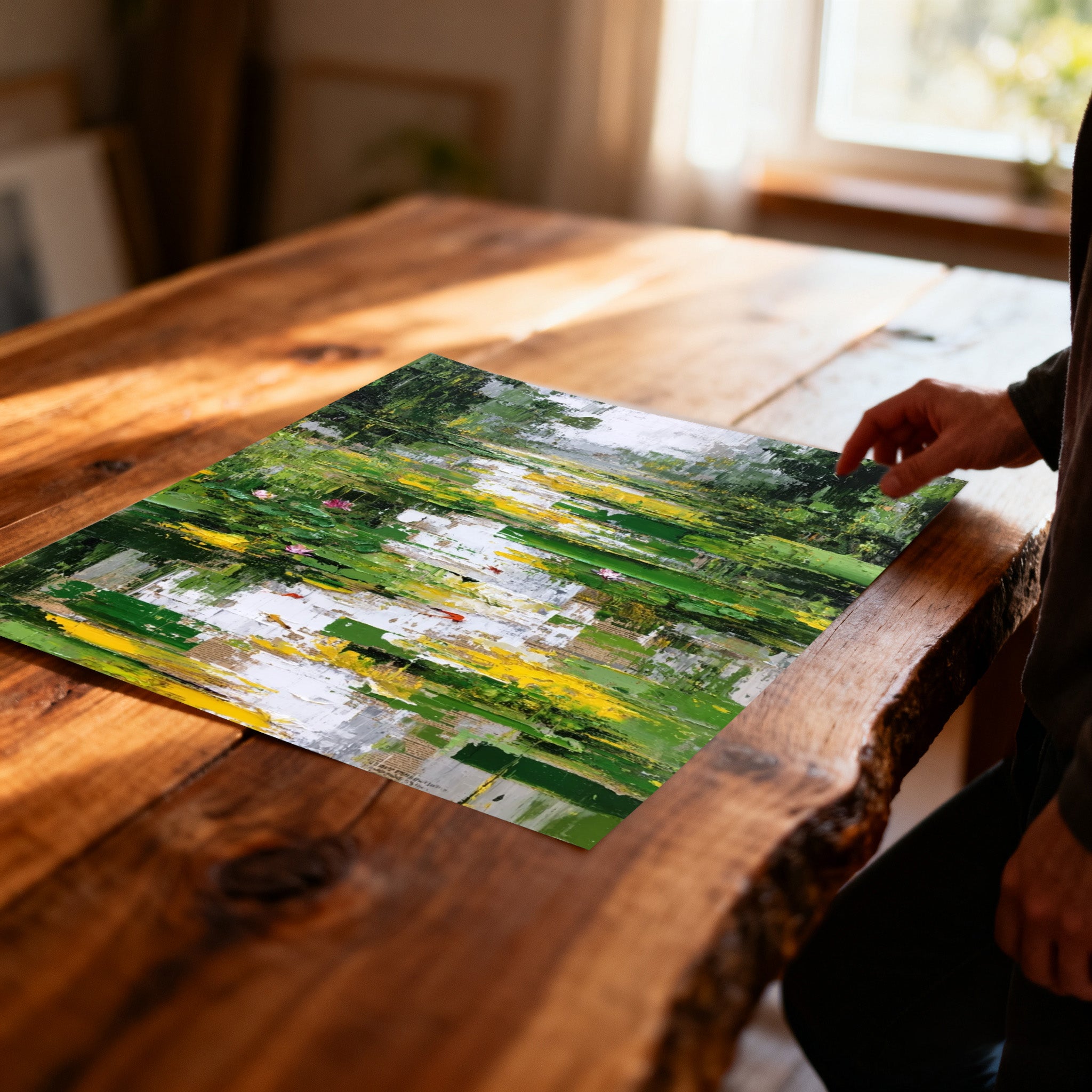 Unframed print of the abstract lily pond painting lying flat on a rustic live-edge wooden table, with a person's hand reaching toward it in a sunlit room.