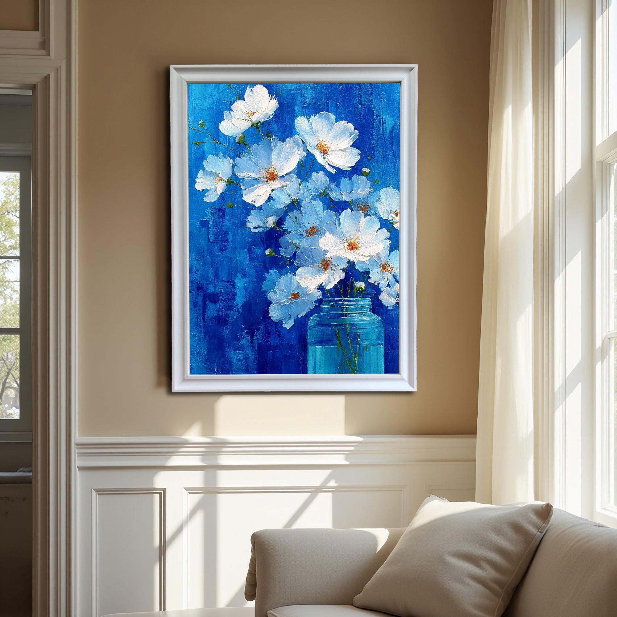 A white-framed painting of white flowers in a blue jar against a vibrant blue background is hanging on a beige wall with white wainscoting, positioned above a cream-colored sofa near a large, curtained window.