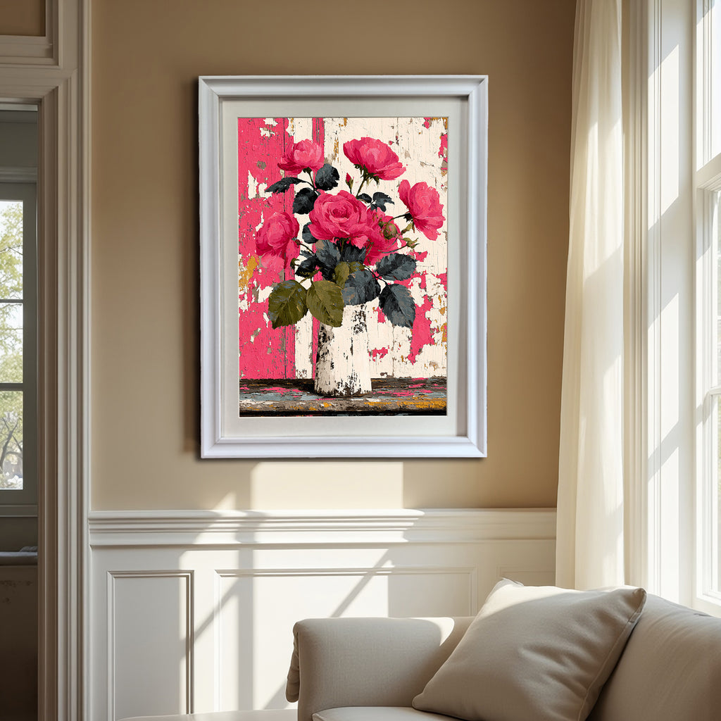 A white-framed painting of pink roses in a vase against a distressed pink/white background is hanging on a beige wall with white wainscoting, positioned above a cream-colored sofa near a large, curtained window.