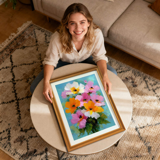 A smiling woman sitting on a patterned rug, holding the wooden-framed floral painting on a round coffee table in a bright living room.