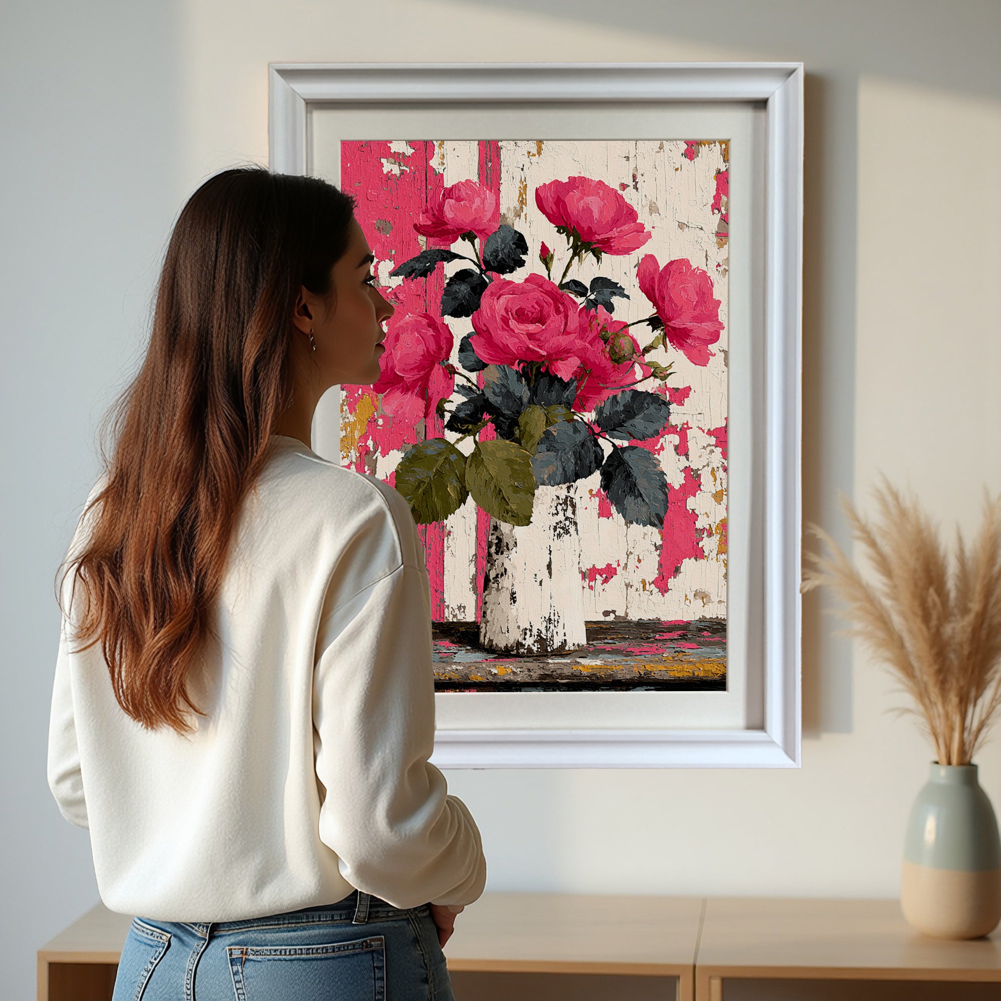 A woman in a white sweater stands looking at a large, white-framed painting of pink roses in a vase against a distressed background, hanging above a light wood console table in a bright room.