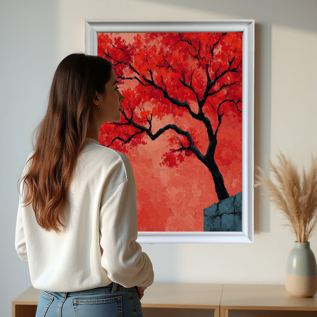 A woman in a white sweater stands looking at a large, white-framed painting of a textured red-orange tree hanging above a light wood console table in a bright room.
