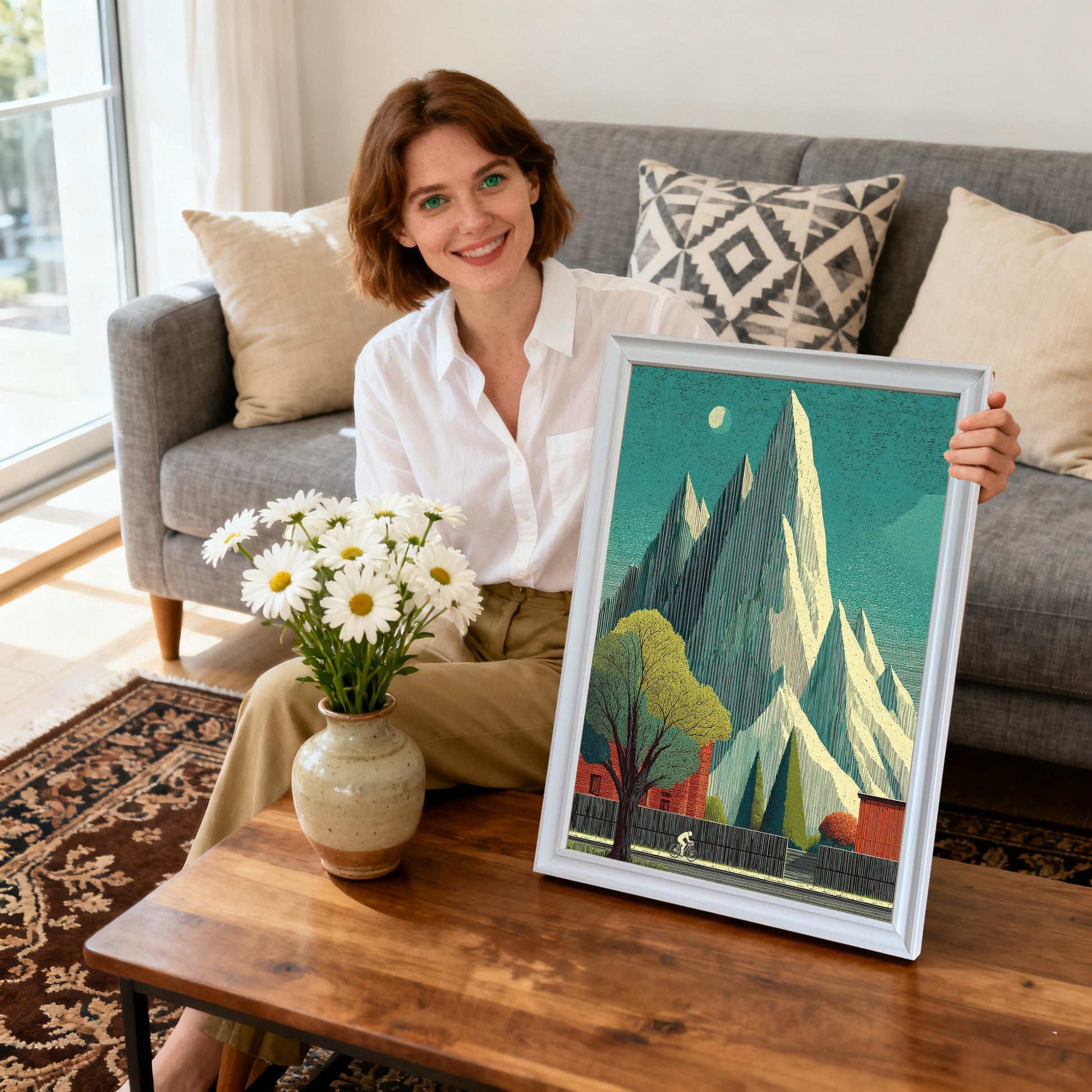 Smiling woman sitting on a couch, holding a white-framed art print that shows a cyclist riding near red buildings and towering mountains. Daisies are on the coffee table.