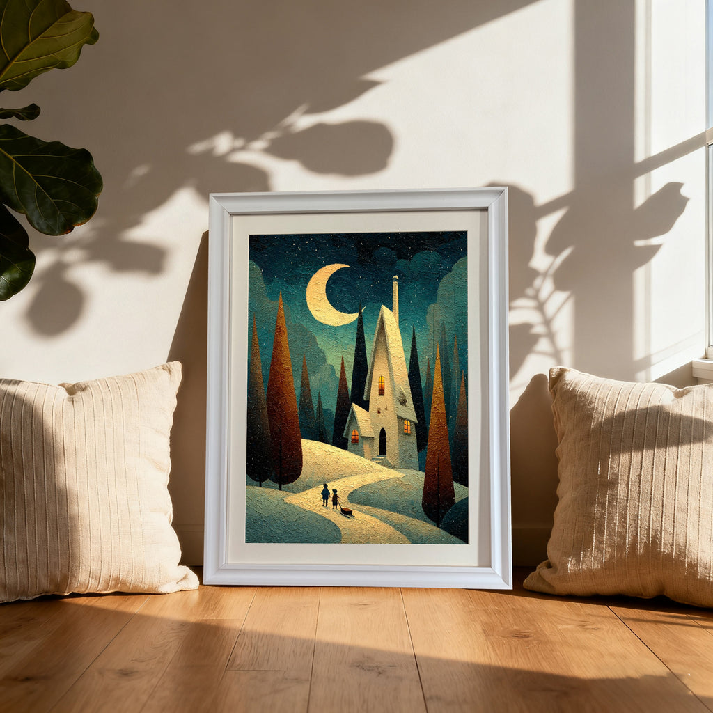 Whimsical art print of a snowy night house and crescent moon, framed in white, leaning on a wooden floor between two cream-colored pillows by a sunlit window.
