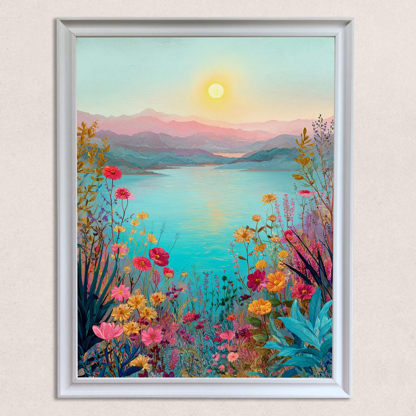 A high-resolution, front-facing view of a floral landscape art print in a simple white frame, featuring a bright sun over a calm blue lake and colorful wildflowers.