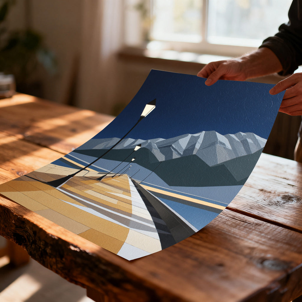 Unframed print of the geometric pier and mountain artwork being held and slightly curved by a person's hands over a rustic wooden table.