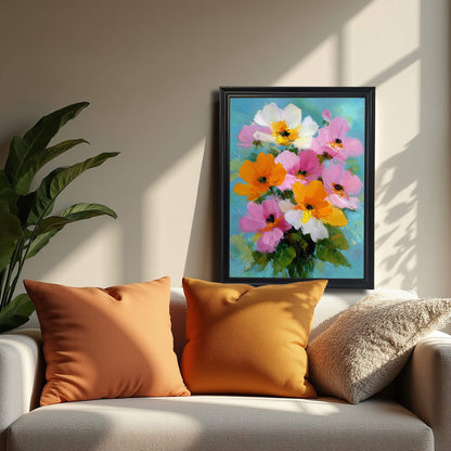 A black-framed version of the floral painting hanging on a neutral wall above a sofa with two orange pillows and one beige textured pillow, cast in soft afternoon shadows.